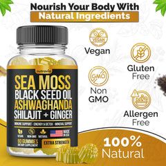 Nutravia Sea Moss Gummies closeup shows key ingredients for vitality