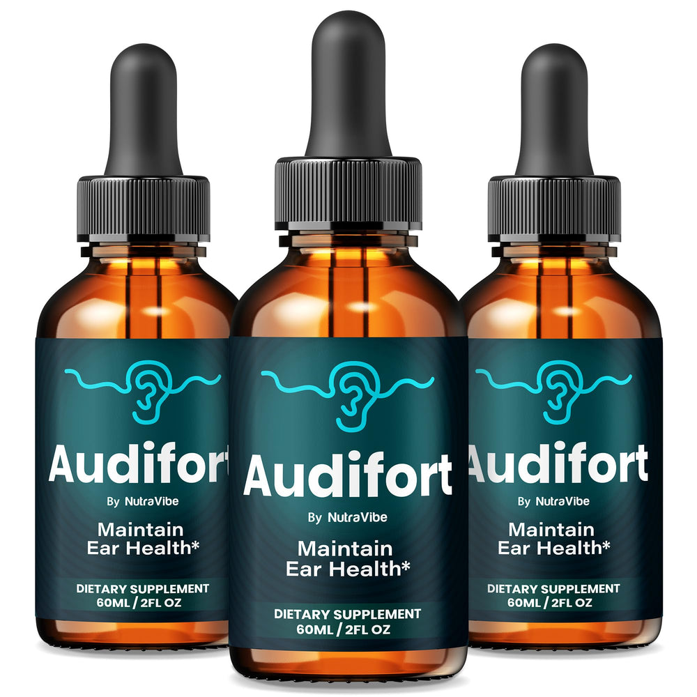 NutraVibe Audifort bottle pour showing the clean liquid formula for daily use.