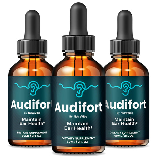 NutraVibe Audifort bottle pour showing the clean liquid formula for daily use.