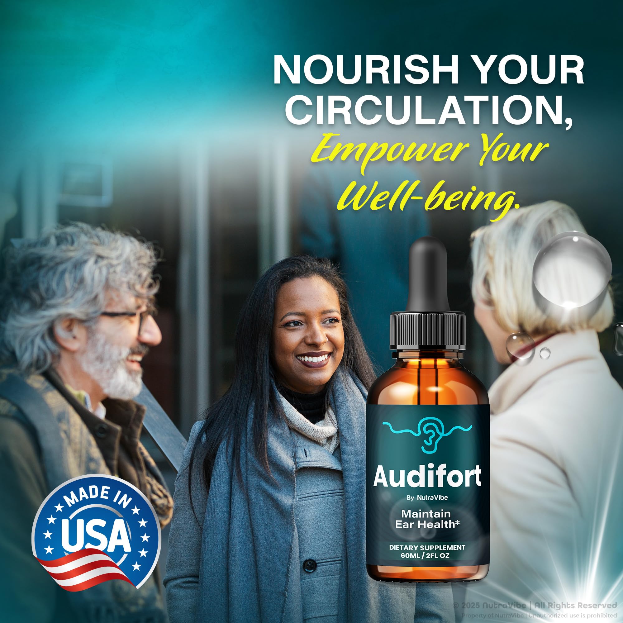 NutraVibe Audifort drops-in-hand illustrates simple, measured daily servings.