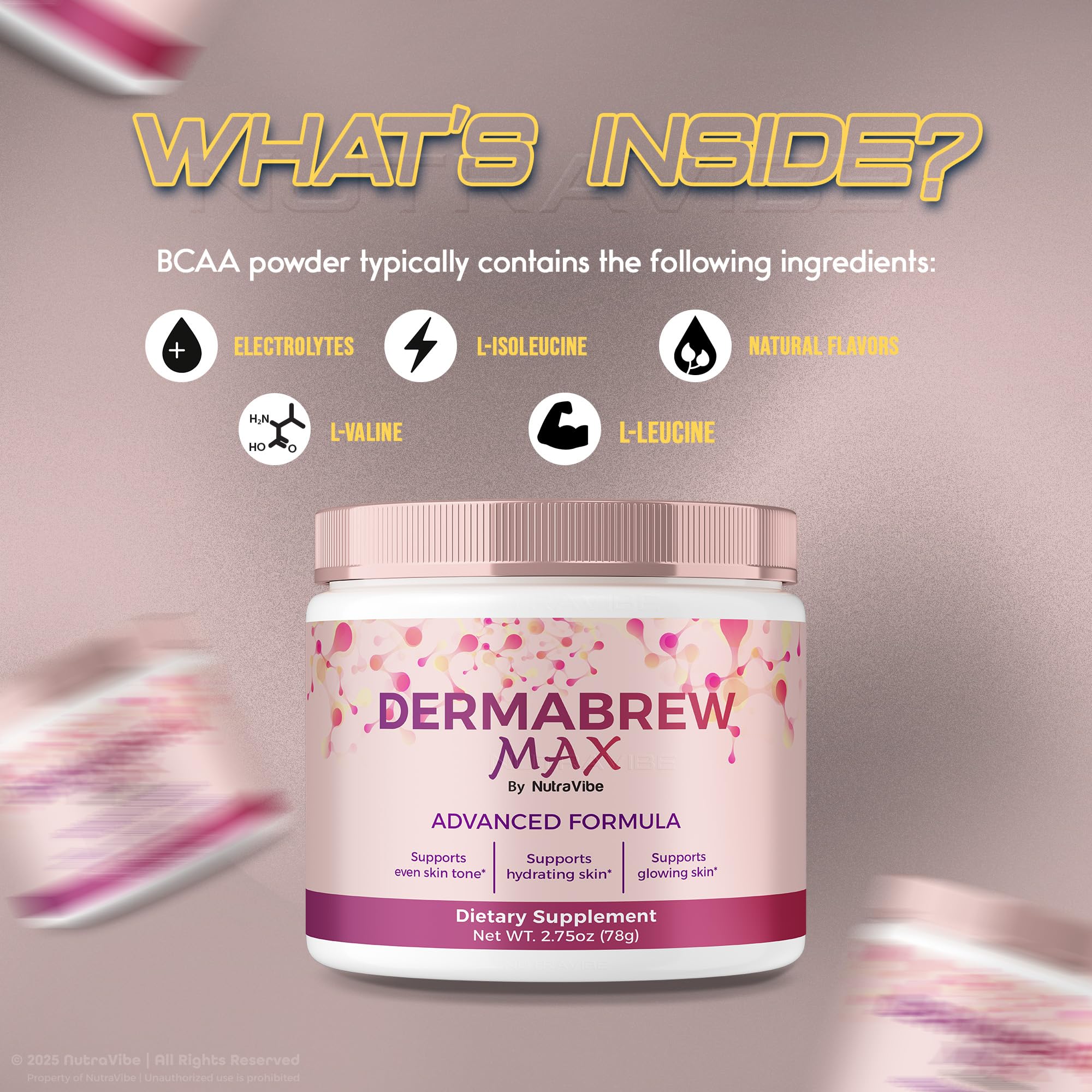 NutraVibe DermaBrew Max bottle closeup emphasizing premium finish and ease of use