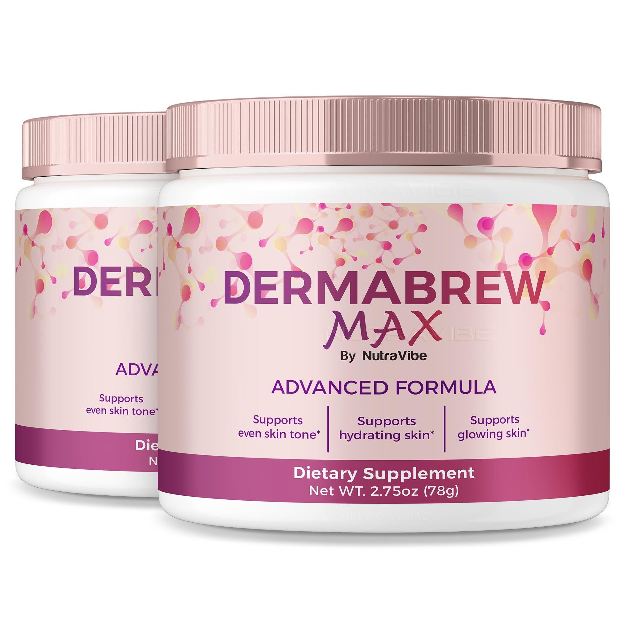 NutraVibe DermaBrew Max powder bottle for daily hydration and glow.