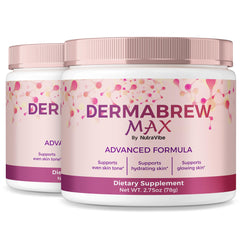 NutraVibe DermaBrew Max powder bottle for daily hydration and glow.
