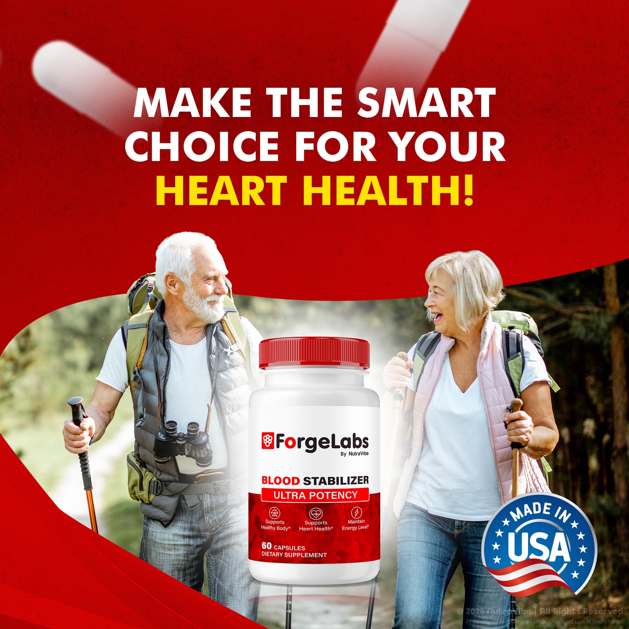 NutraVibe ForgeLabs Blood Stabilizer information card beside capsules for quick daily-use tips.