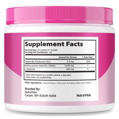 NutraVibe Gelatin Burn Powder bottle displays natural ingredients