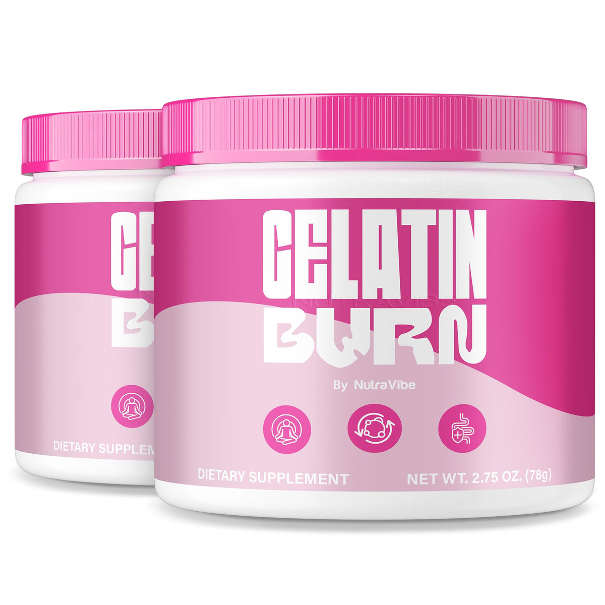 NutraVibe Gelatin Burn Powder two-pack bottle promotes balance and daily energy