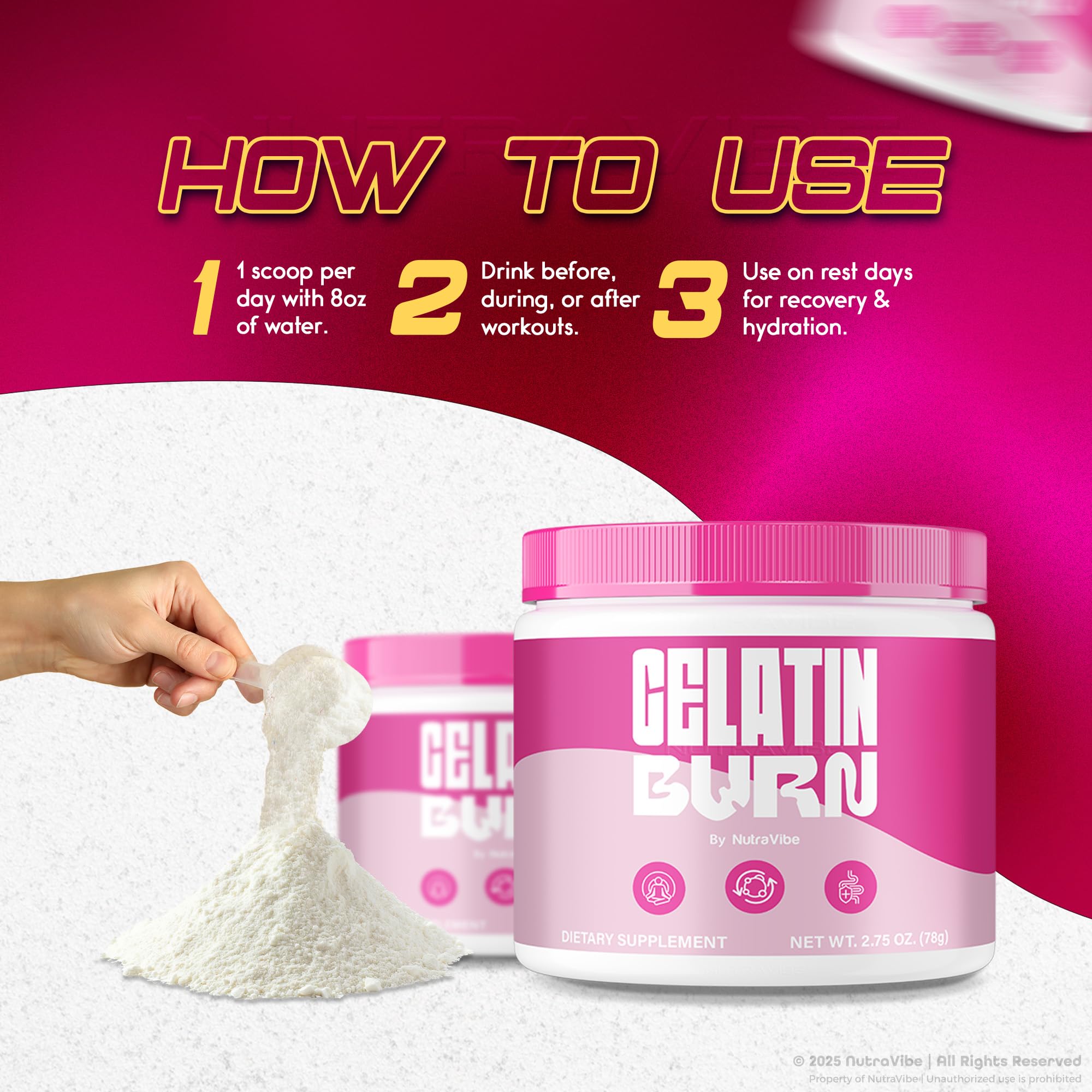 NutraVibe Gelatin Burn Powder serving count indicates 60 servings