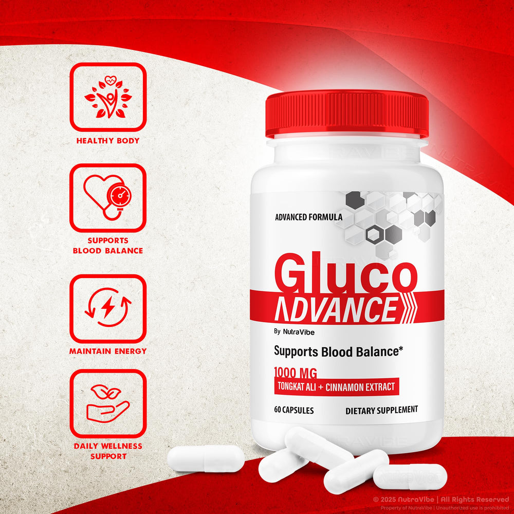 Front view of NutraVibe Gluco Advance packaging and branding.