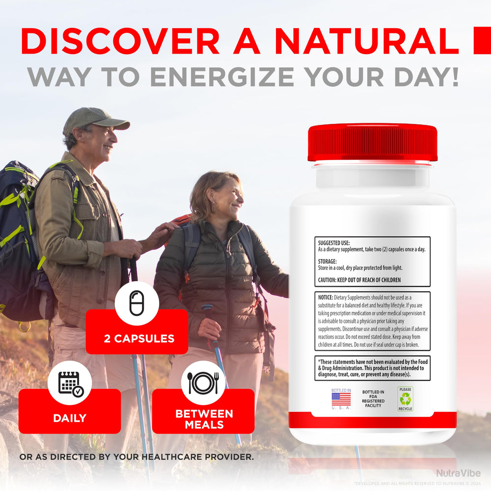 NutraVibe Glycogen Balance bottle shown with serving tips in a kitchen.