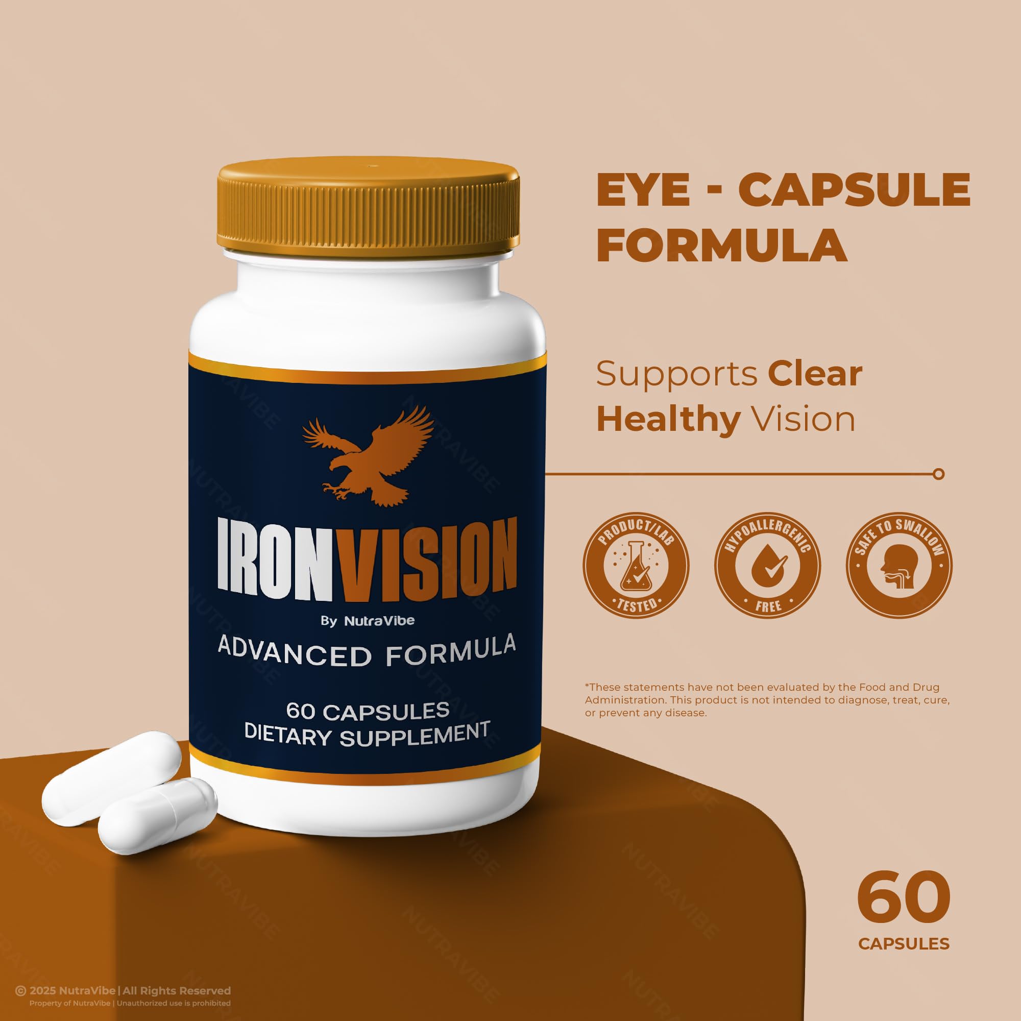NutraVibe Iron Vision bottle packaging emphasizing natural ingredients and daily eye wellness.