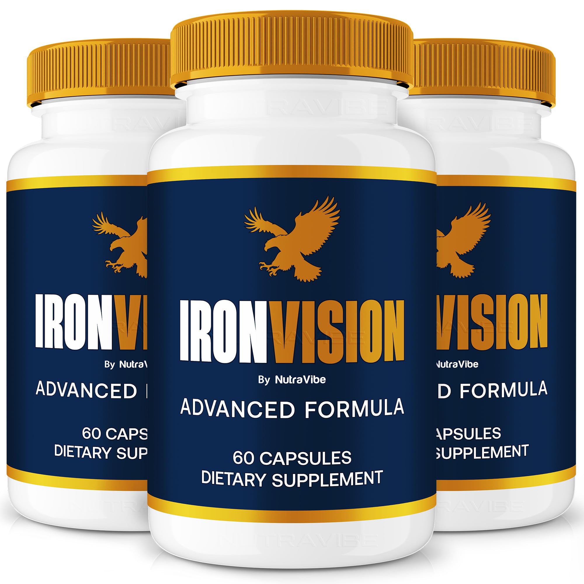 NutraVibe Iron Vision bottle pour showing easy-to-take capsules for daily eye support.