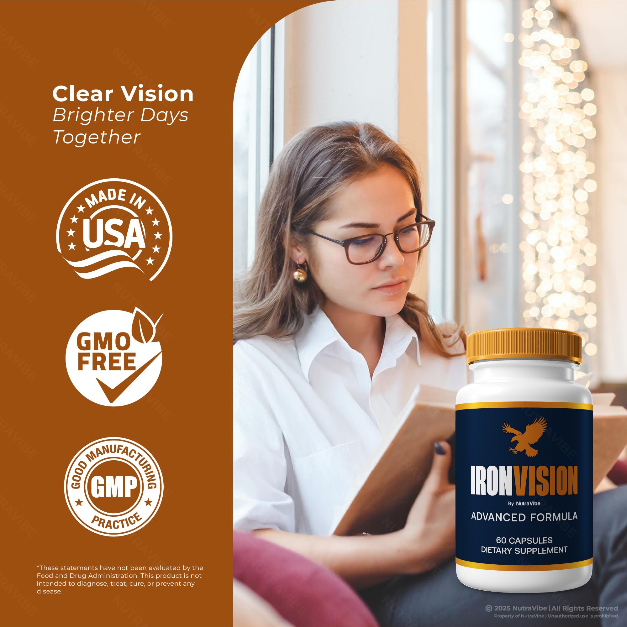 NutraVibe Iron Vision capsules resting beside a glass of water.