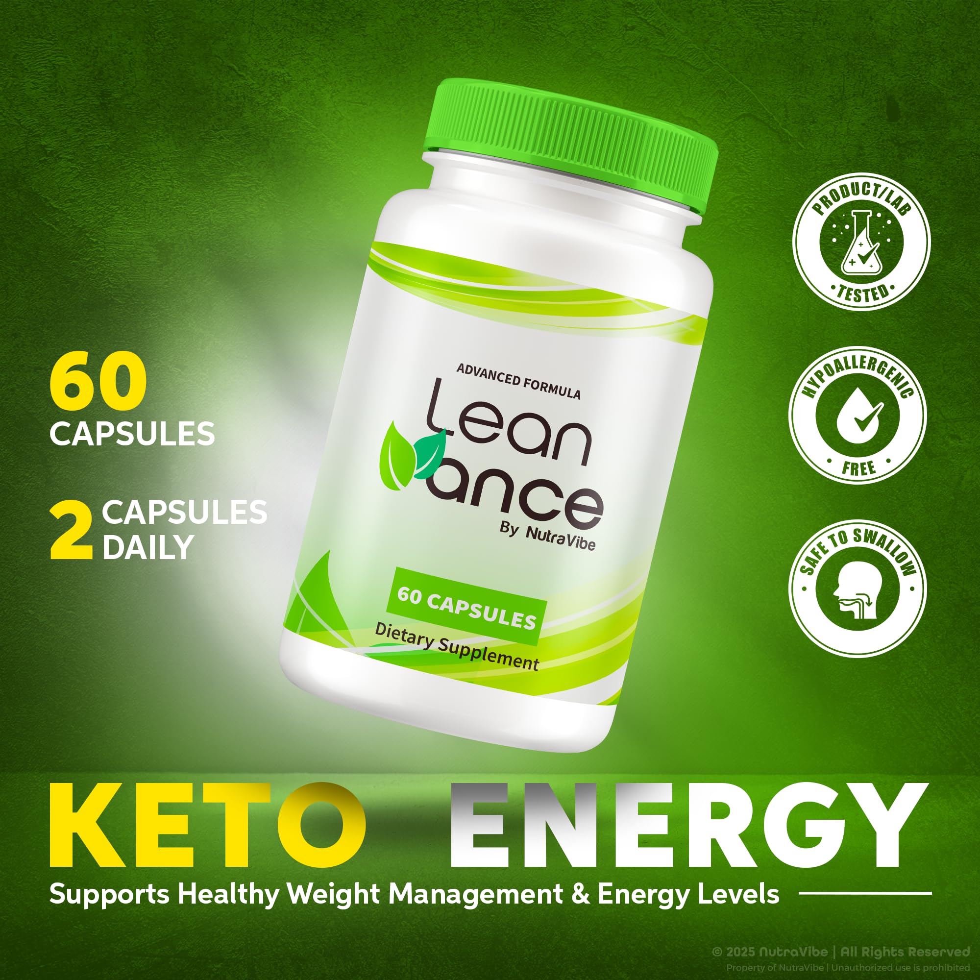 Closeup of NutraVibe LeanVance capsules with smooth texture and herbal balance