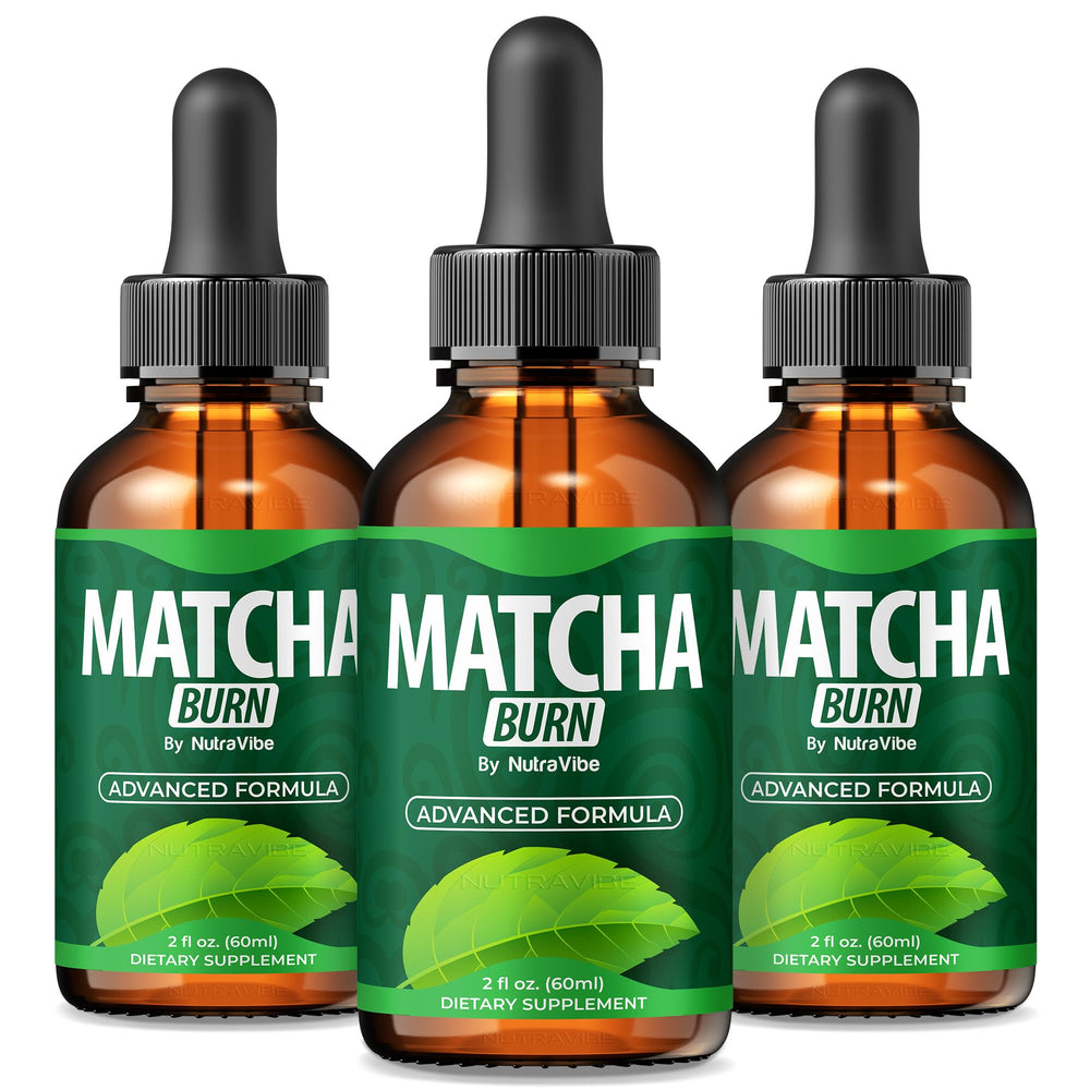 NutraVibe Matcha Burn Drops bottle displaying natural ingredients for daily energy.