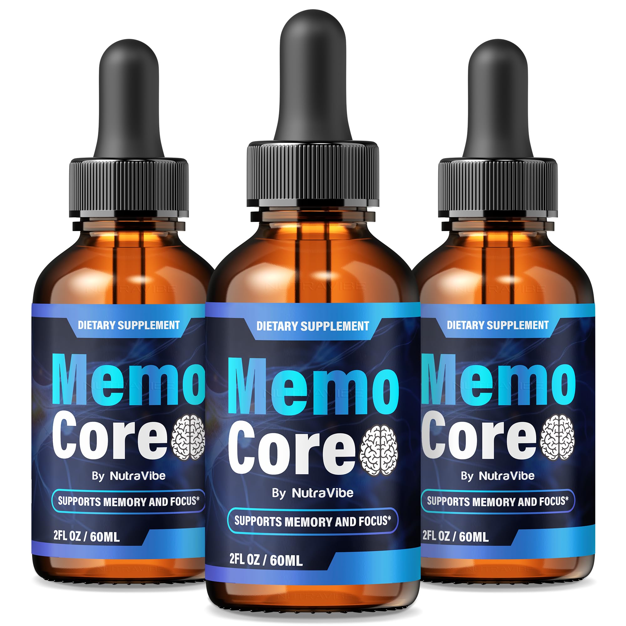 NutraVibe Memo Core Drops bottle front with natural liquid blend for daily focus.