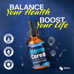 NutraVibe Memo Core Drops close-up of the dropper measuring a dose.