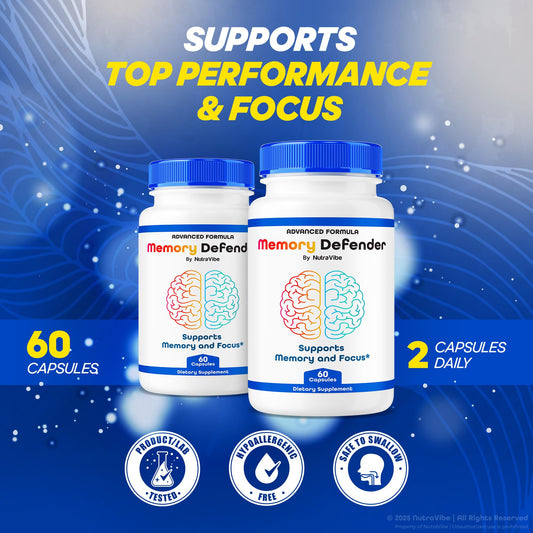 NutraVibe Memory Defender capsules closeup showing easy-to-swallow pills