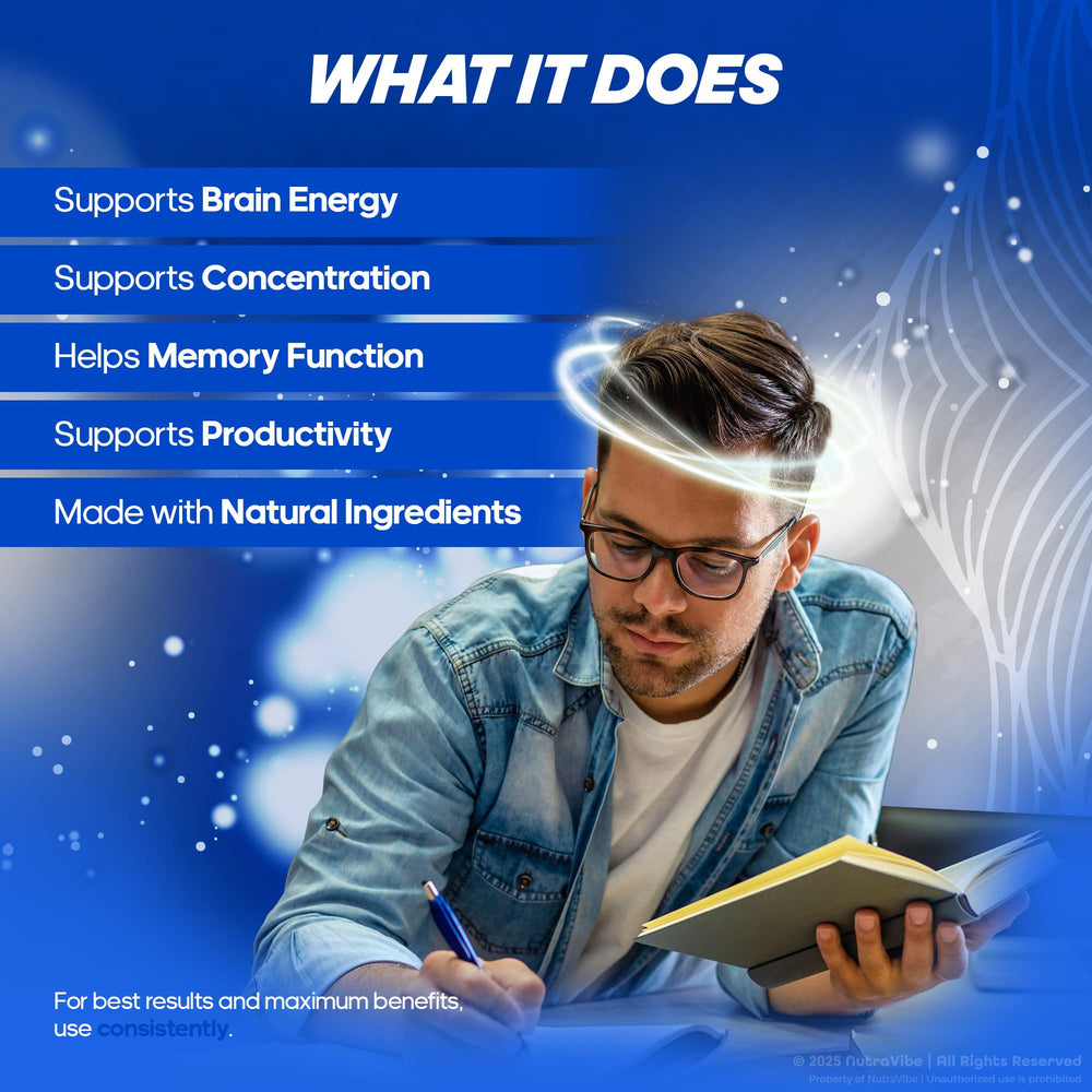 NutraVibe Memory Defender label highlights natural ingredients for daily balance.