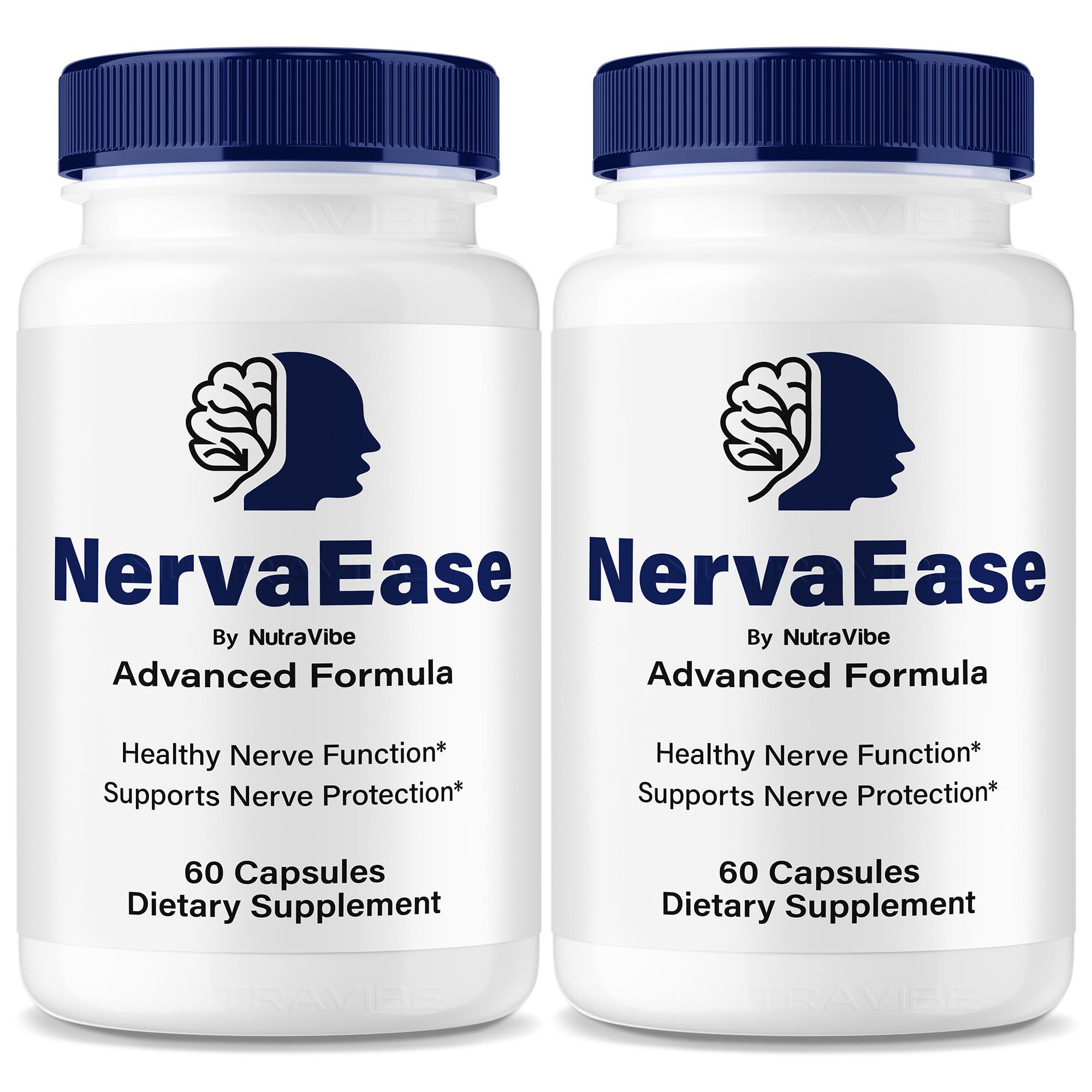 NutraVibe NervaEase bottle-front view showing easy-to-swallow capsules for daily nerve support