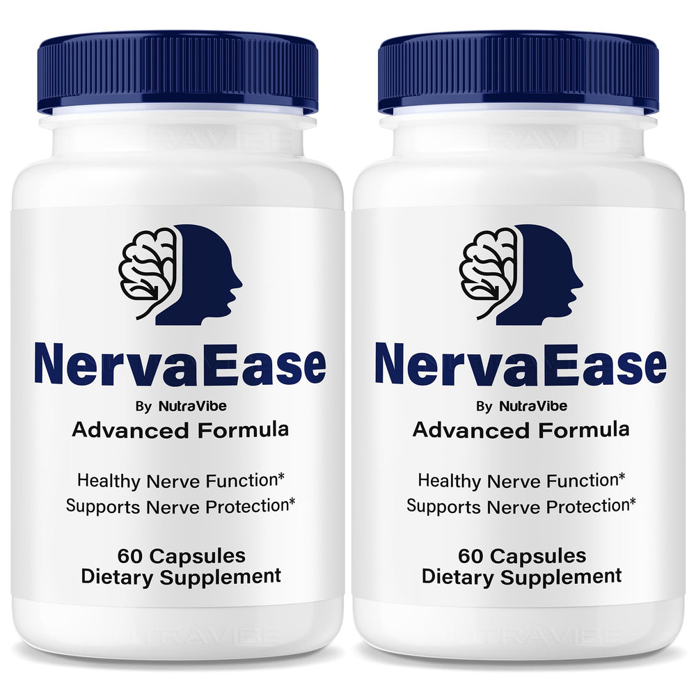 NutraVibe NervaEase bottle-front view showing easy-to-swallow capsules for daily nerve support