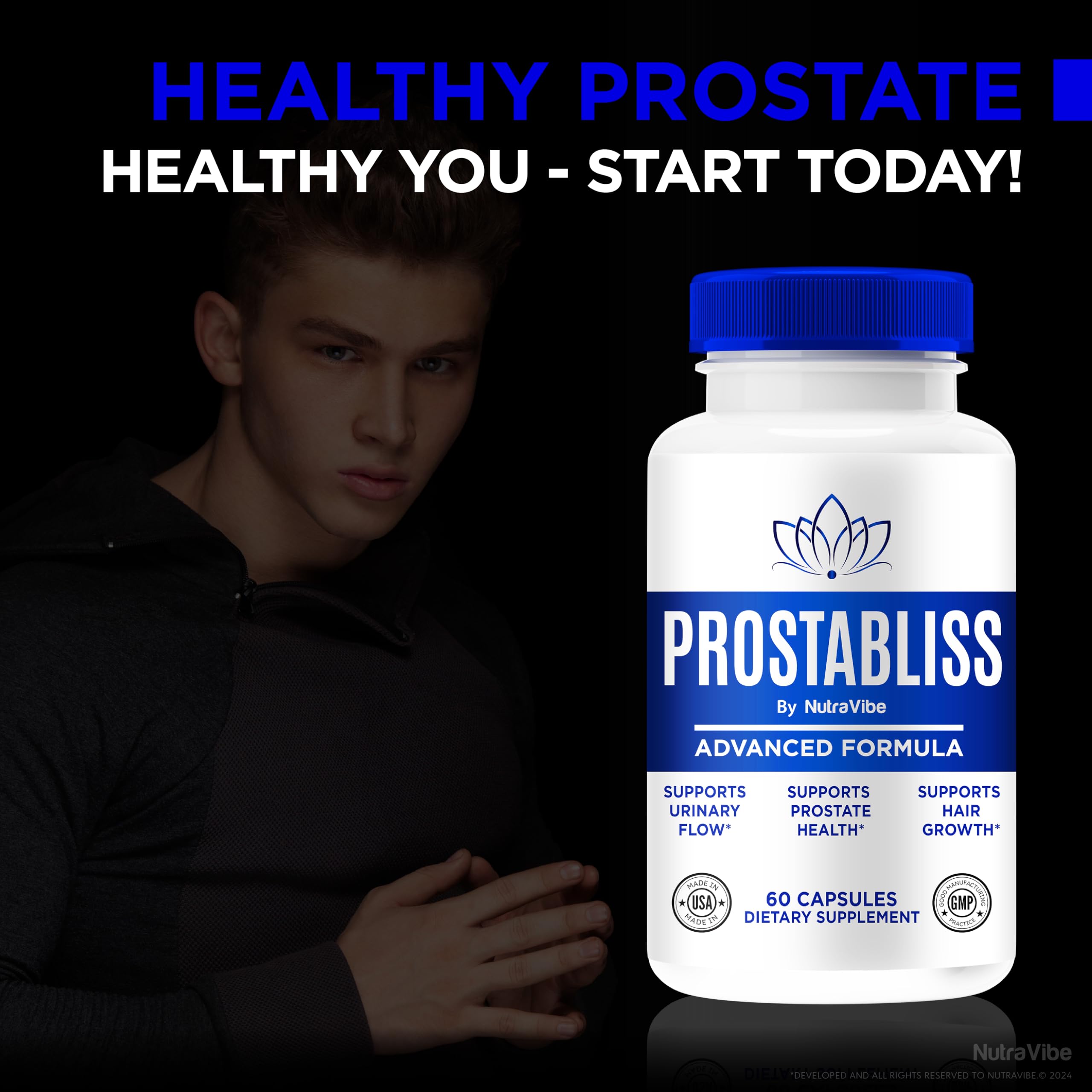 NutraVibe Prostabliss daily-use capsule on a countertop with water