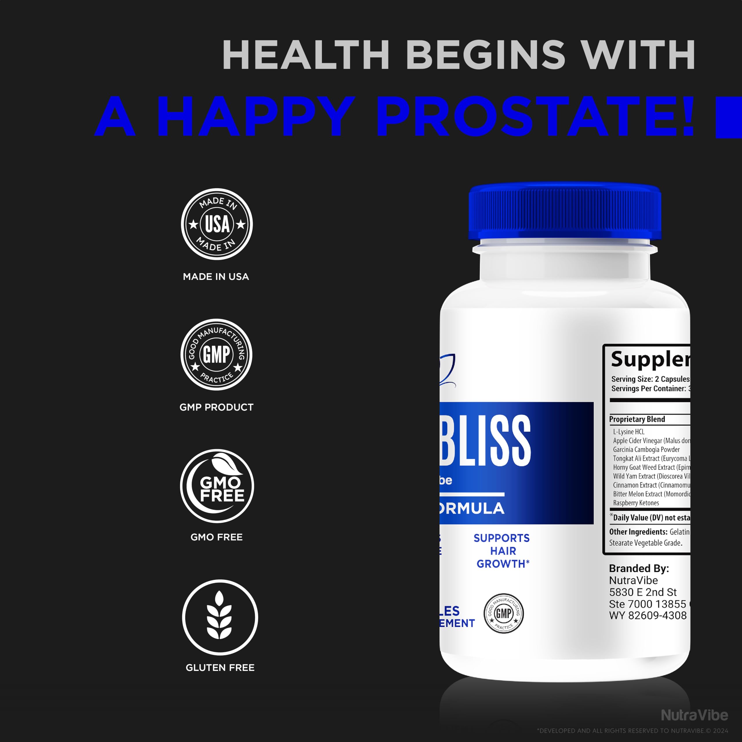 NutraVibe Prostabliss ingredients label closeup showing vitamins and minerals