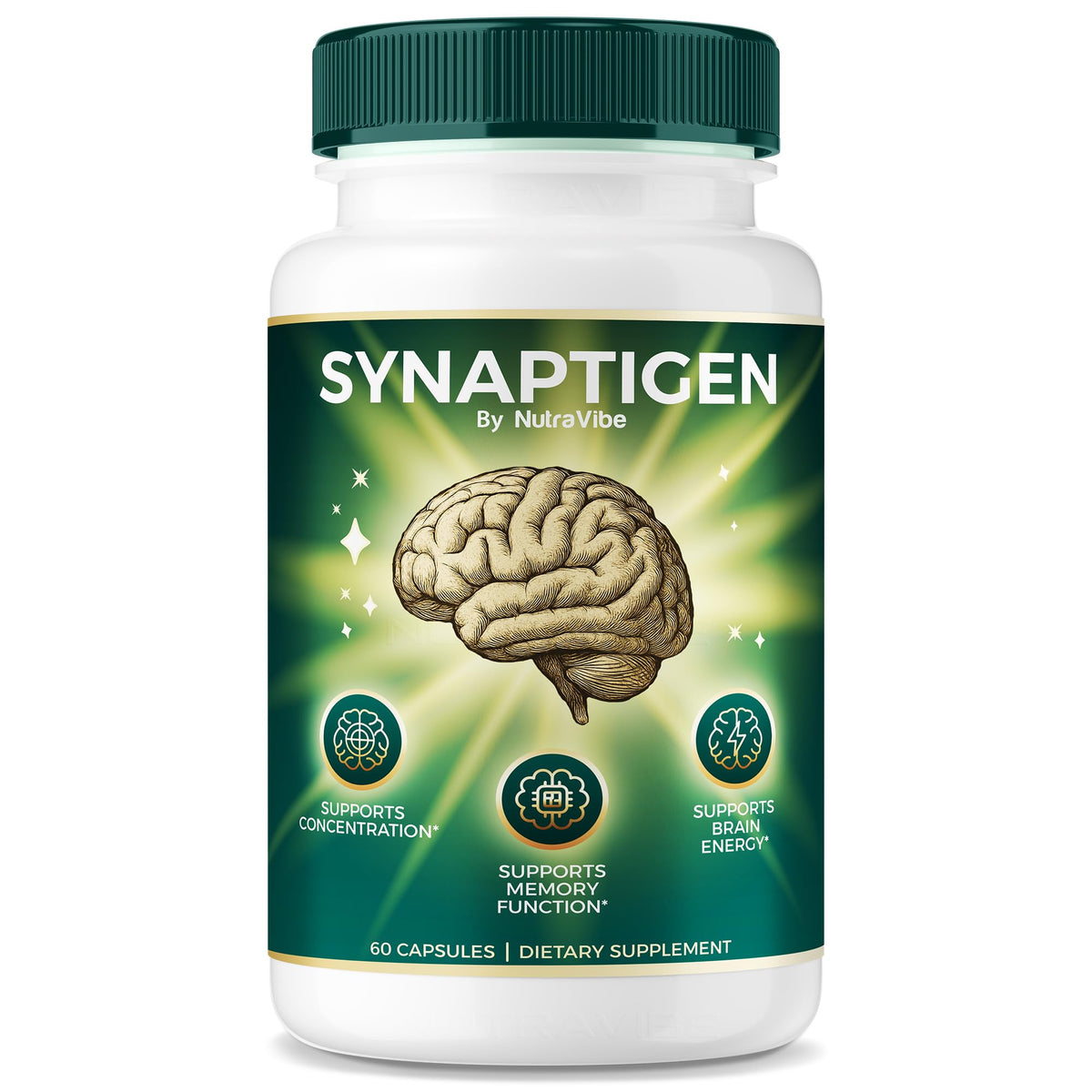 NutraVibe Synaptigen bottle front view showing the daily focus formula