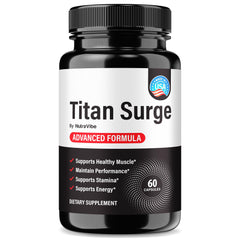 NutraVibe Titan Surge capsules bottle demonstrates convenient daily performance support.