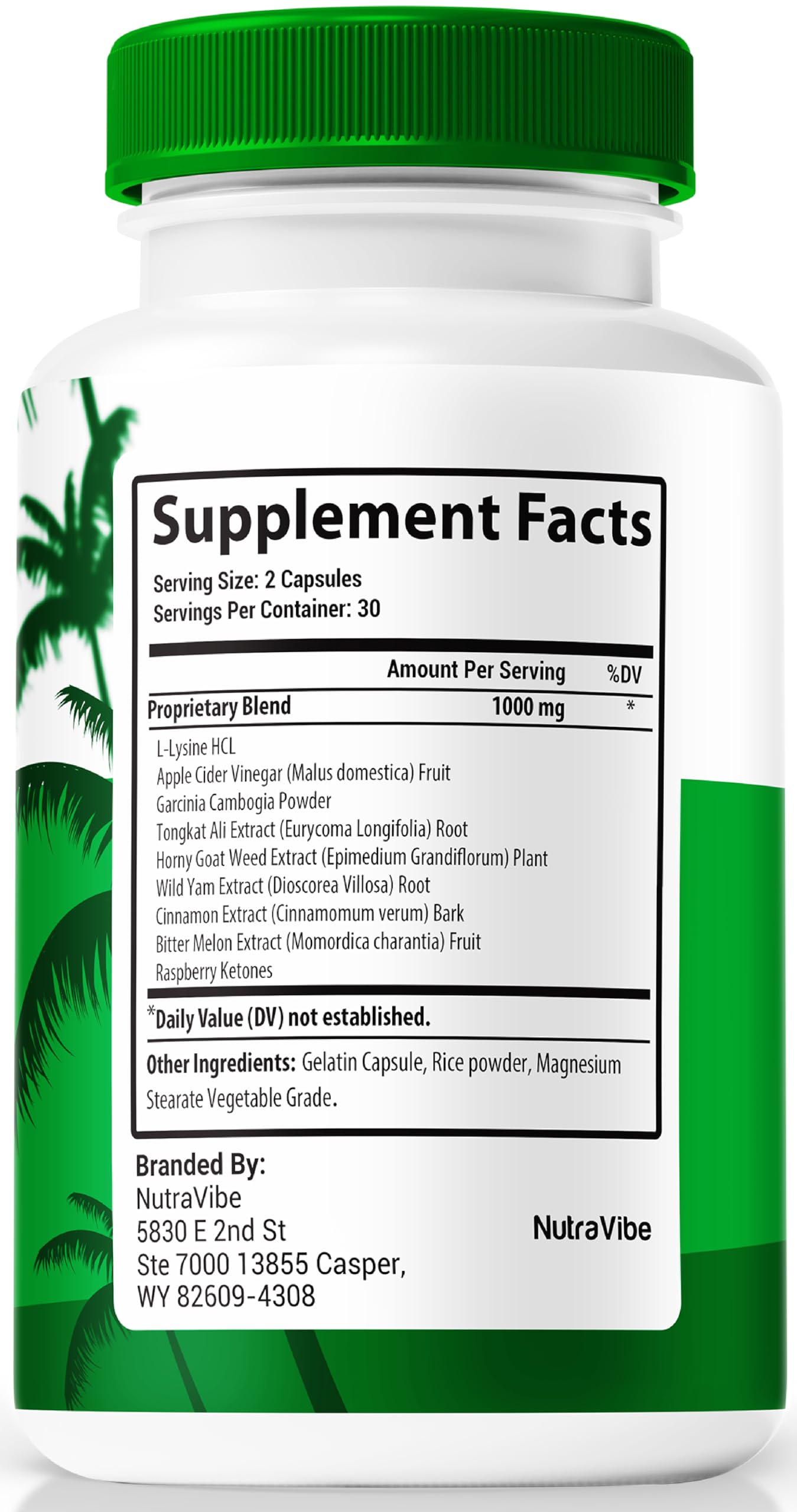 NutraVibe Tropical Rise bottle top view showing convenient daily capsules.
