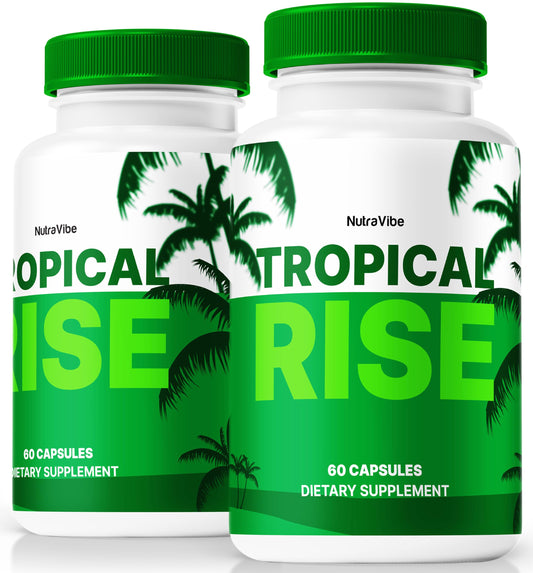 NutraVibe Tropical Rise bottle shown with packaging for overall health and daily stamina.