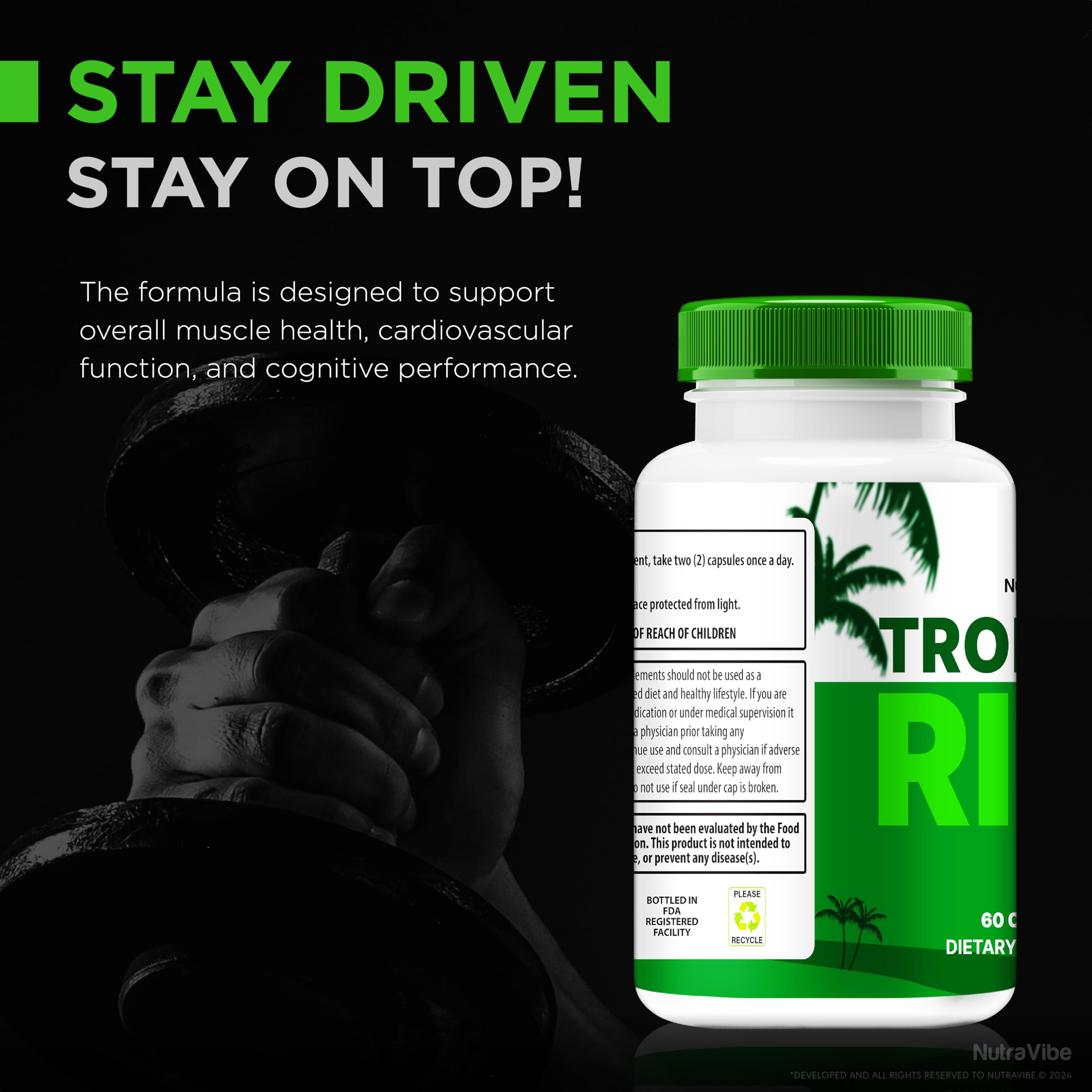 NutraVibe Tropical Rise promo card emphasizing well-being benefits and uses.