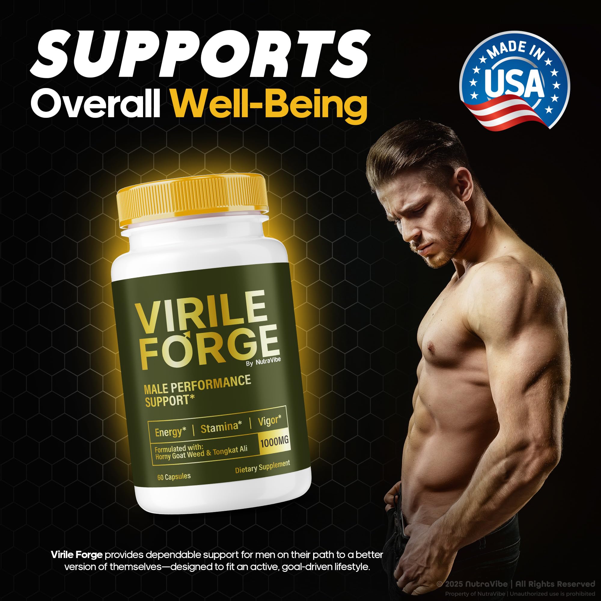 NutraVibe Virile Forge daily-use scene with water and capsules.