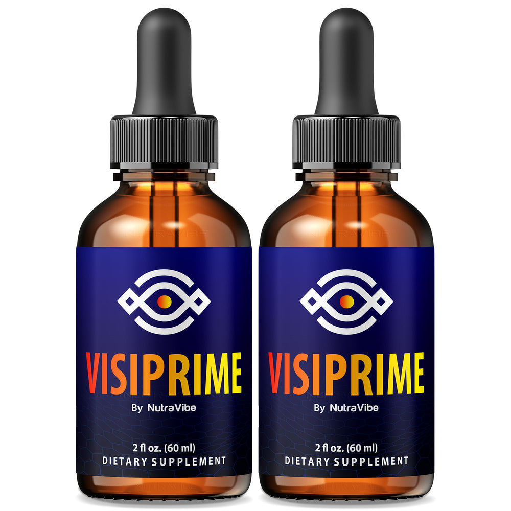 NutraVibe Visiprime Eye Drops bottle on a desk for daily eye care.
