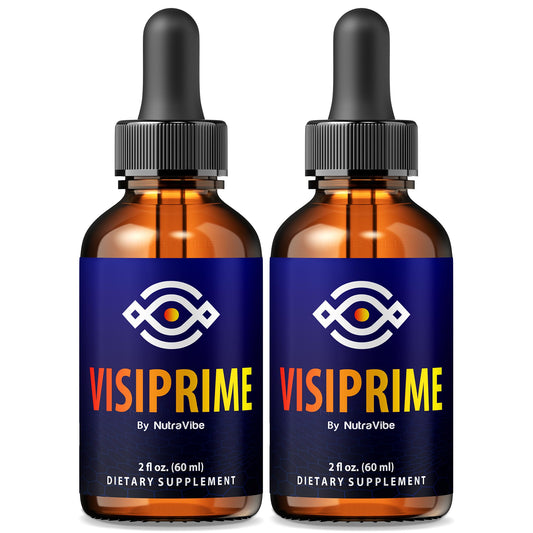 NutraVibe Visiprime Eye Drops bottle on a desk for daily eye care.