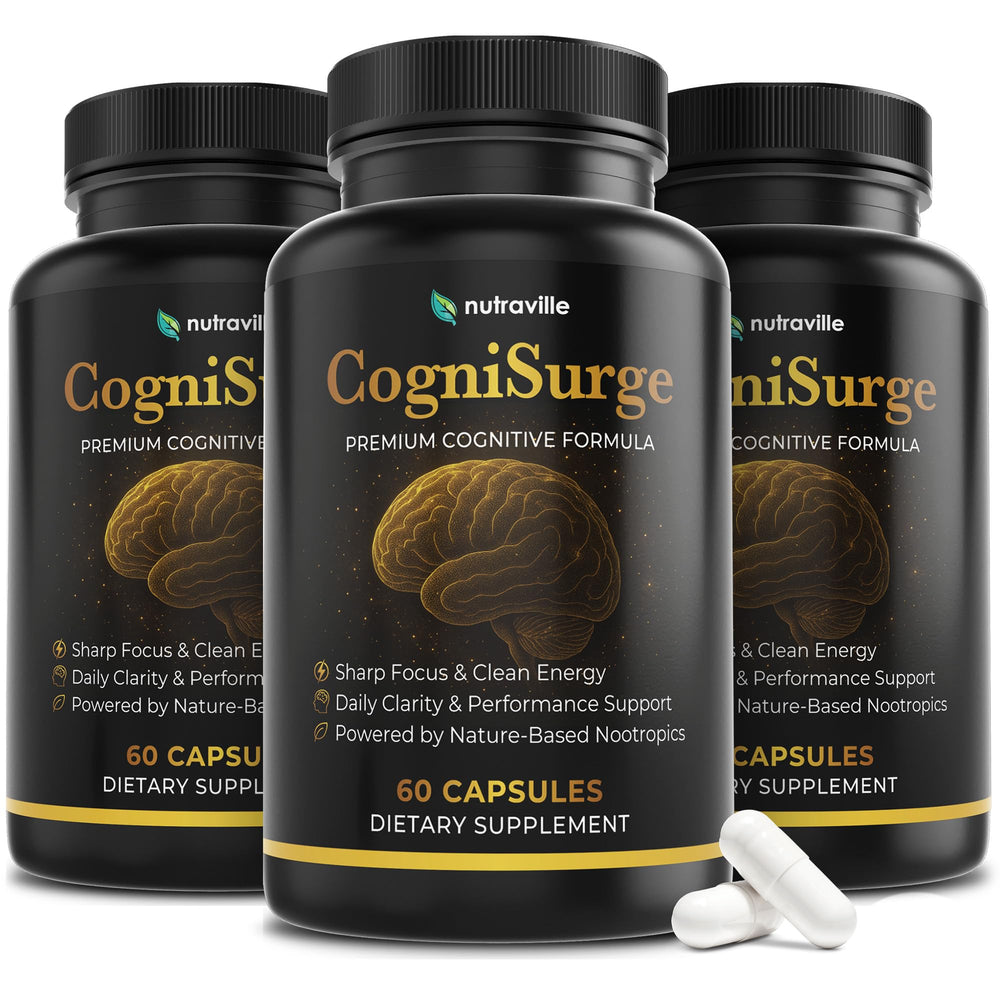 Nutraville CogniSurge bottle front promoting daily mental support.