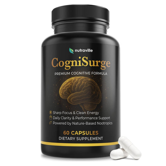 Nutraville CogniSurge bottle front, caffeine-free brain support