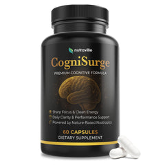Nutraville CogniSurge bottle front, caffeine-free brain support
