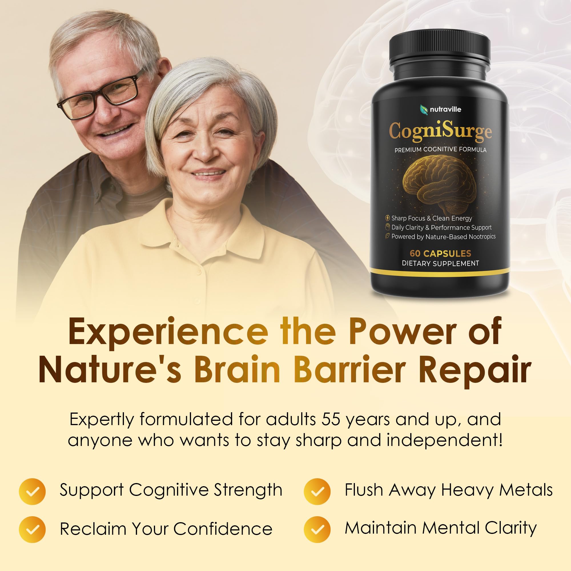 Nutraville CogniSurge ingredients blend with Lion's Mane, Bacopa, Gotu Kola for focus