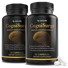 Nutraville CogniSurge bottle front signals nature-powered brain support for daily focus.