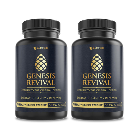 Nutraville Genesis Revival bottle close-up highlighting premium packaging for energy support.