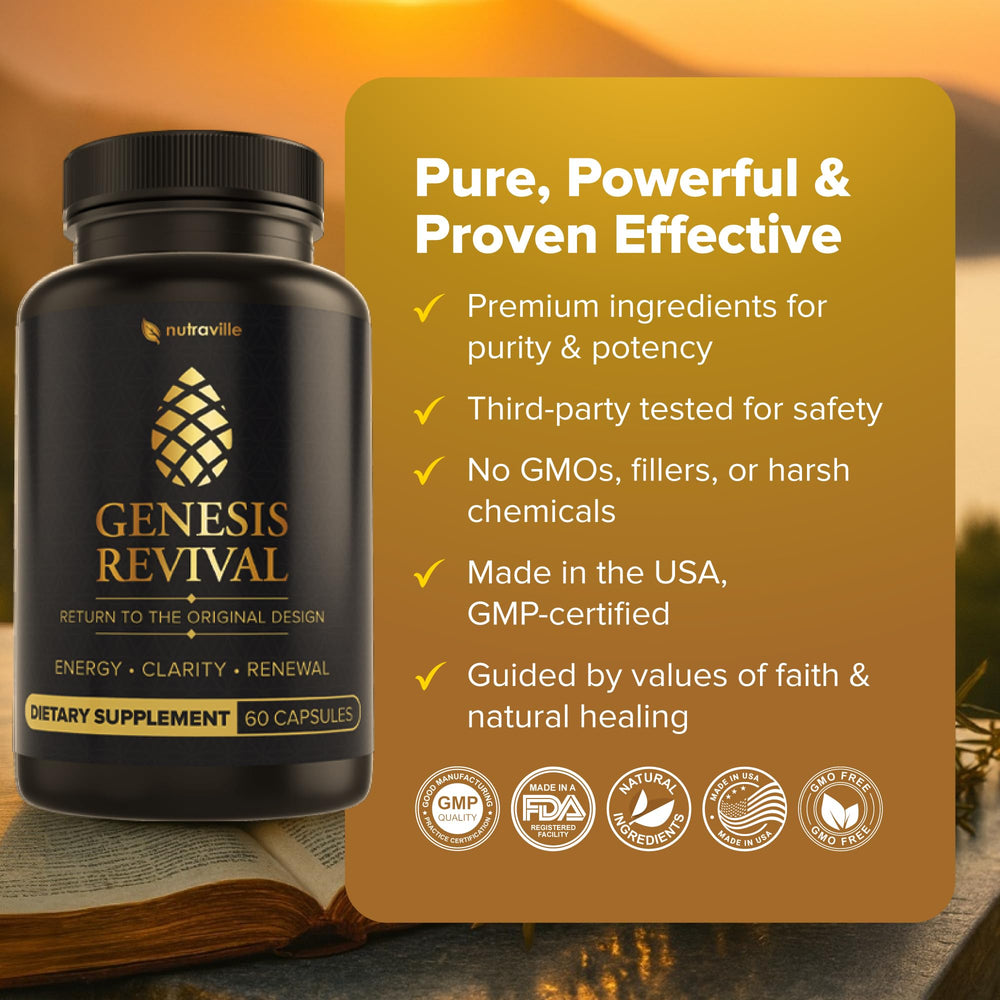 Nutraville Genesis Revival daily routine setup with water glass and capsules.