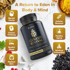 Nutraville Genesis Revival raw ingredients layout featuring Shilajit, Hyssop and Myrrh.