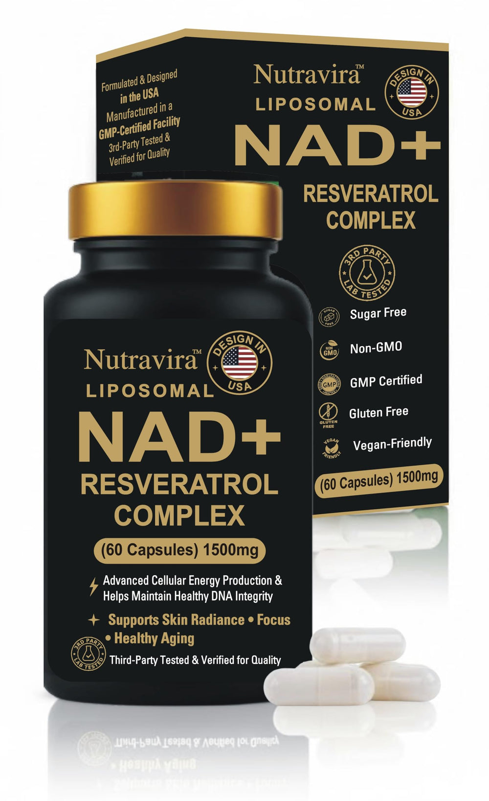 Nutravira Liposomal NAD+ Resveratrol bottle front highlighting advanced absorption