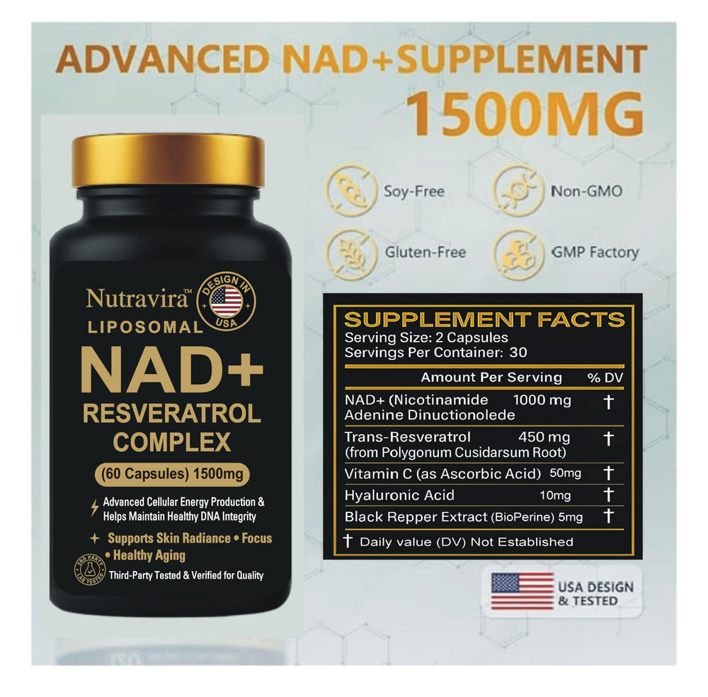 Nutravira Liposomal NAD+ Resveratrol bottle side view showing capsules for daily energy support