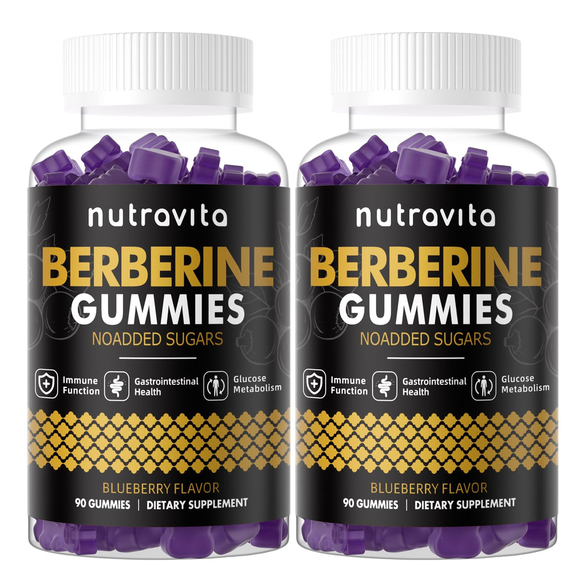 Nutravita Berberine Gummies blueberry bottle highlighting immune and metabolism support.