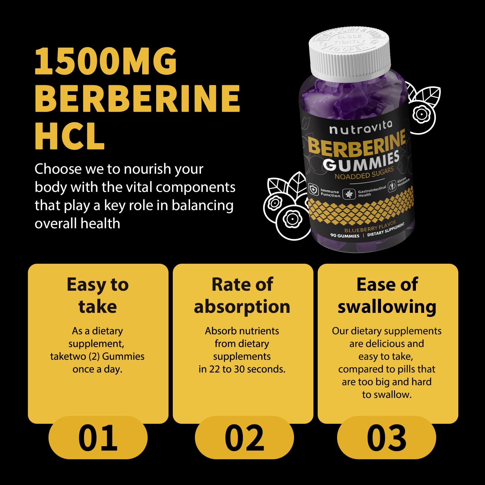 Nutravita Berberine Gummies sugar-free label highlighting vegan and gluten-free qualities.