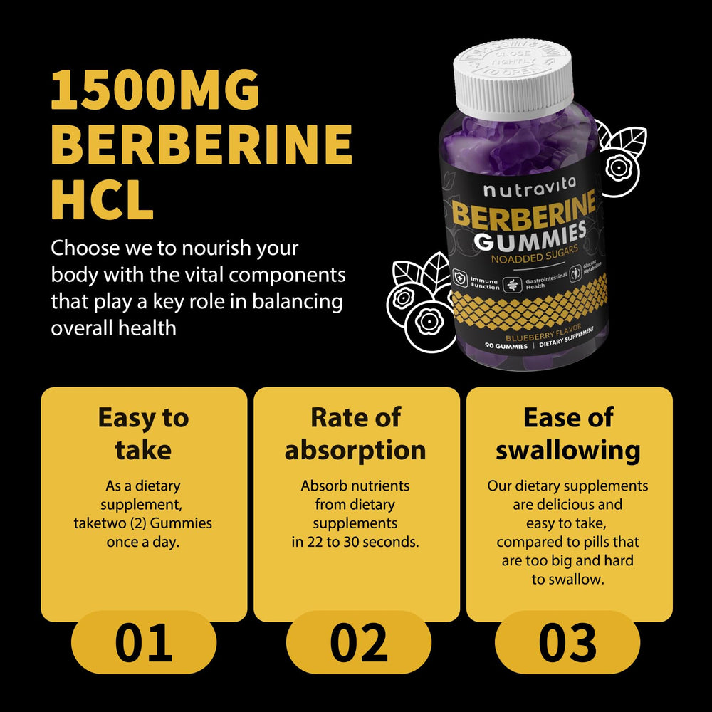 Nutravita Berberine Gummies sugar-free label highlighting vegan and gluten-free qualities.