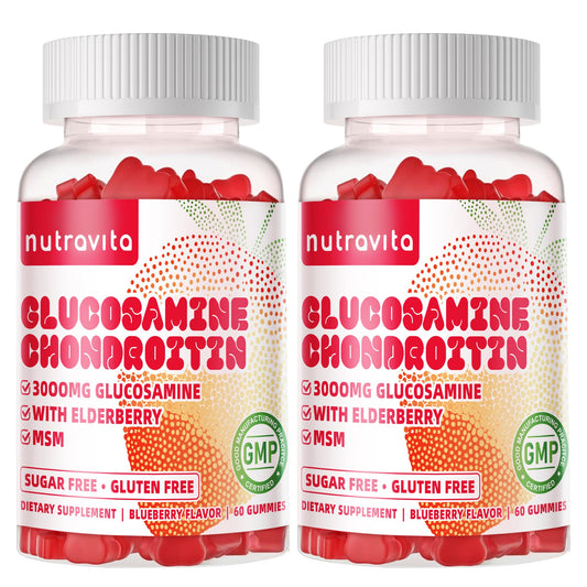 Nutravita glucosamine chondroitin gummies bottle with strawberry chews supporting joint comfort and mobility