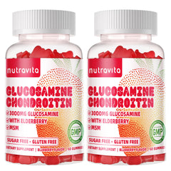 Nutravita glucosamine chondroitin gummies bottle with strawberry chews supporting joint comfort and mobility