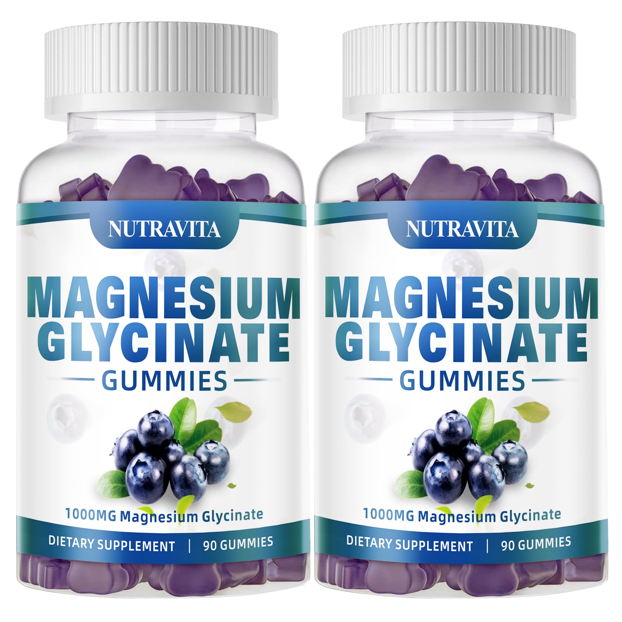 Nutravita Magnesium Glycinate Gummies blueberry bottle on a light surface for daily calm support.